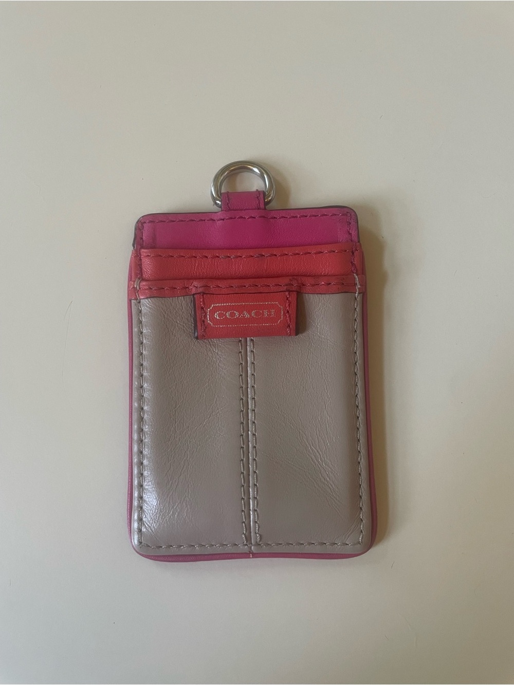 COACH Pink, Coral & Taupe Leather Card Holder with Key Ring